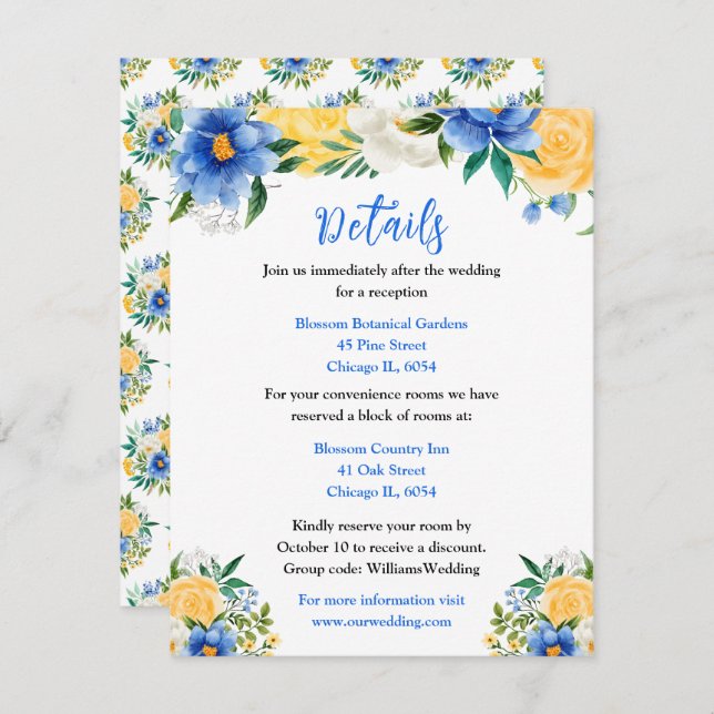 Blue and Yellow Floral Wedding Details Enclosure Card (Front/Back)