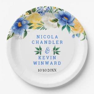 Blue and Yellow Floral Wedding Paper Plate