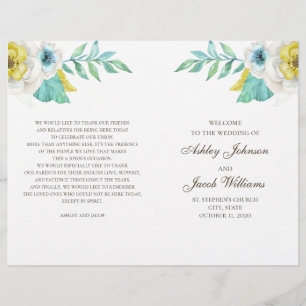 Blue and yellow floral wedding program folded