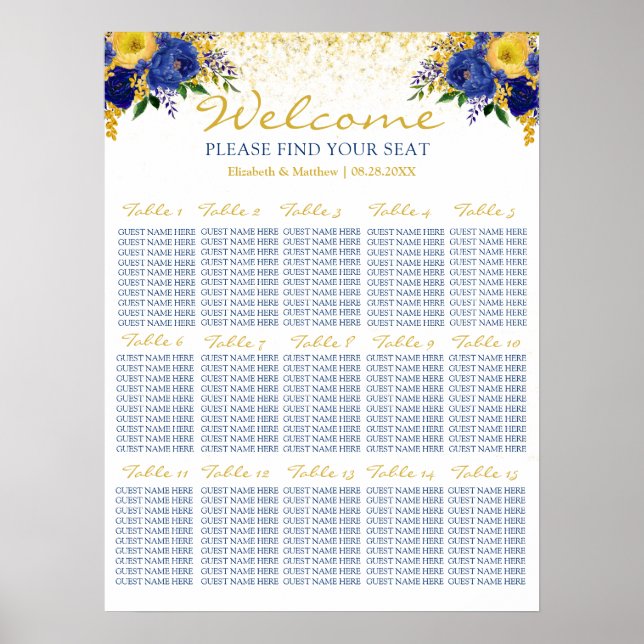 Blue and Yellow Floral Wedding Seating Chart (Front)