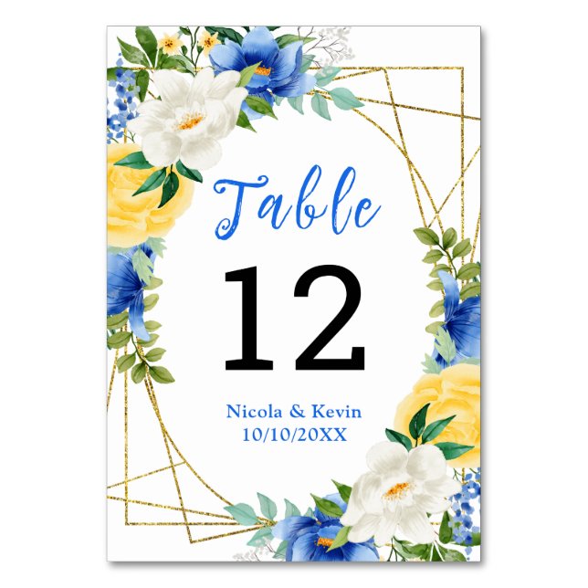 Blue and Yellow Floral Wedding Table Number (Front)
