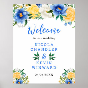 Blue and Yellow Floral Wedding Welcome Sign