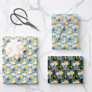 Blue and Yellow Floral Wrapping Paper Sheet