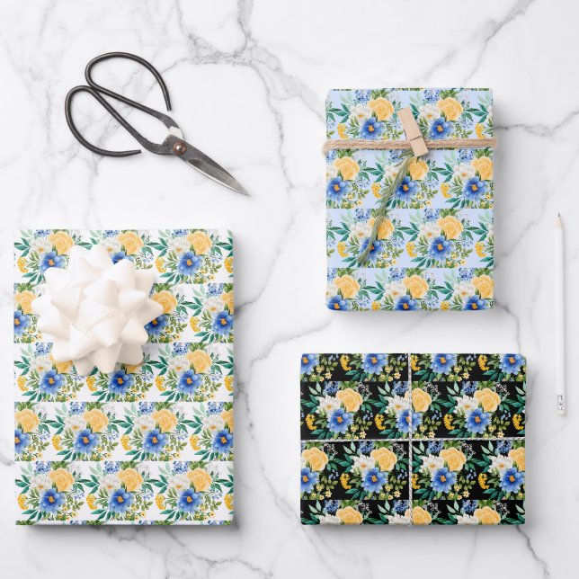 Blue and Yellow Floral  Wrapping Paper Sheet (Front)