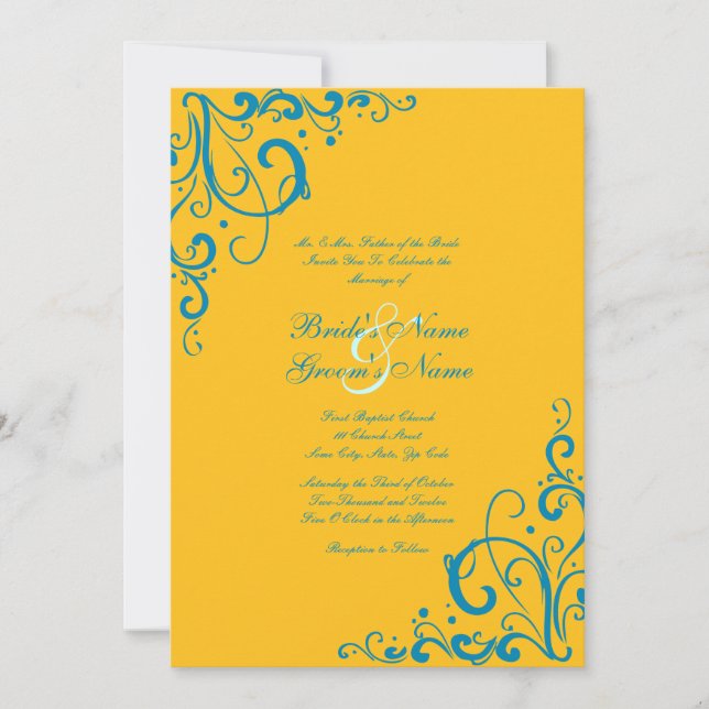 Blue and Yellow Flourish Wedding Invitation (Front)