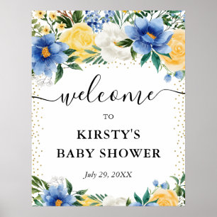Blue and Yellow Flowers Baby Shower Welcome Poster
