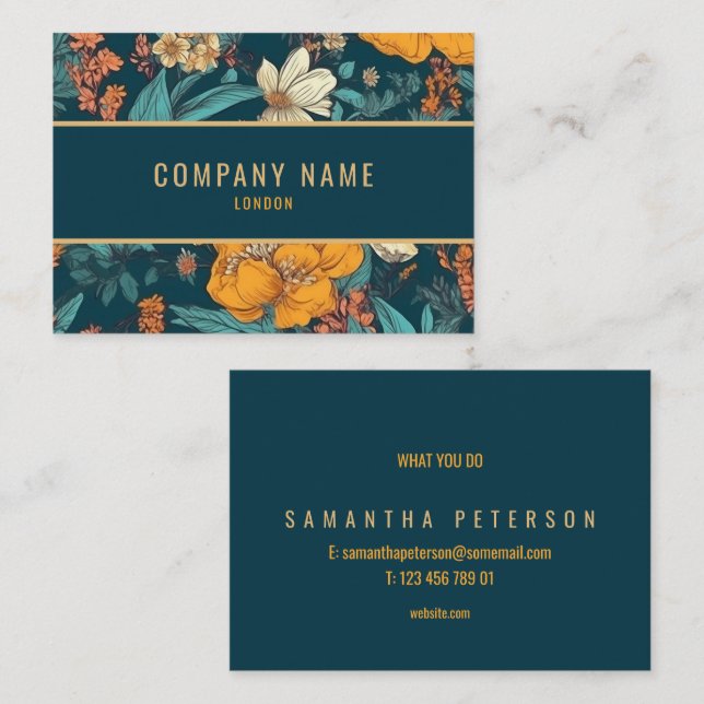 Blue and yellow flowers, gold border business card (Front/Back)
