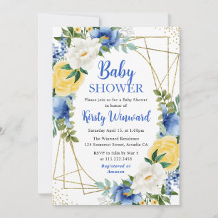 Blue and Yellow Flowers Gold Frame Baby Shower Invitation