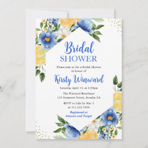 Blue and Yellow Flowers & Gold Frame Bridal Shower Invitation