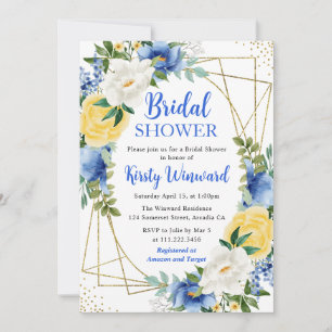 Blue and Yellow Flowers & Gold Frame Bridal Shower Invitation