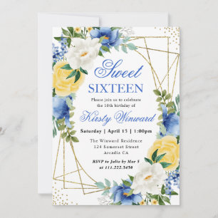 Blue and Yellow Flowers Gold Frame Sweet 16 Invitation