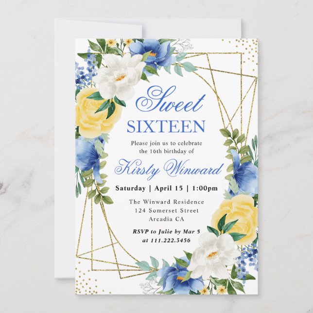 Blue and Yellow Flowers Gold Frame Sweet 16 Invitation (Front)