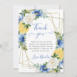Blue and Yellow Flowers Gold Frame Sweet 16 Thank You Card