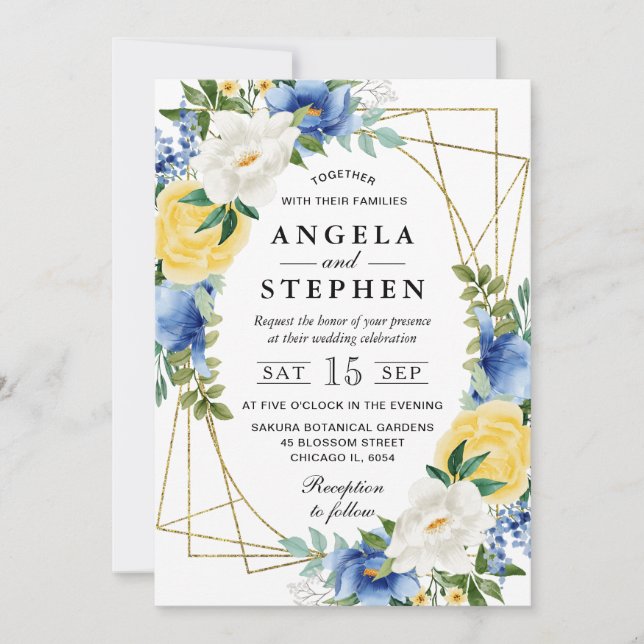 Blue and Yellow Flowers Gold Frame Wedding Invitation (Front)