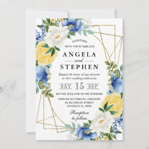 Blue and Yellow Flowers Gold Frame Wedding Invitation