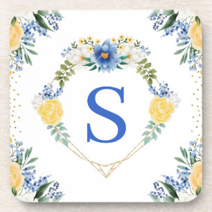 Blue and Yellow Flowers Heart Wreath Monogram Coaster