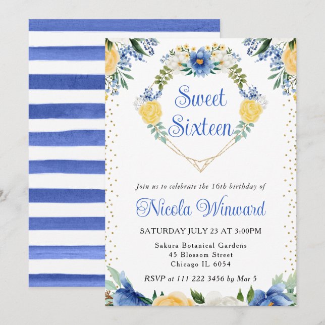 Blue and Yellow Flowers Heart Wreath Sweet 16 Invitation (Front/Back)