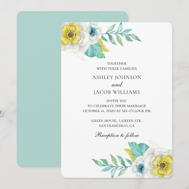 Blue and yellow flowers. Mint botanical wedding Invitation (Front/Back)