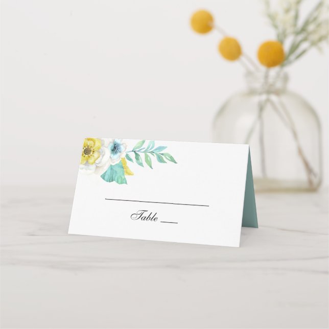 Blue and yellow flowers. Mint botanical wedding Place Card (Front)