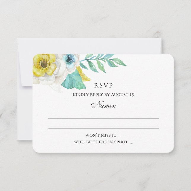 Blue and yellow flowers. Mint floral wedding RSVP Card (Front)