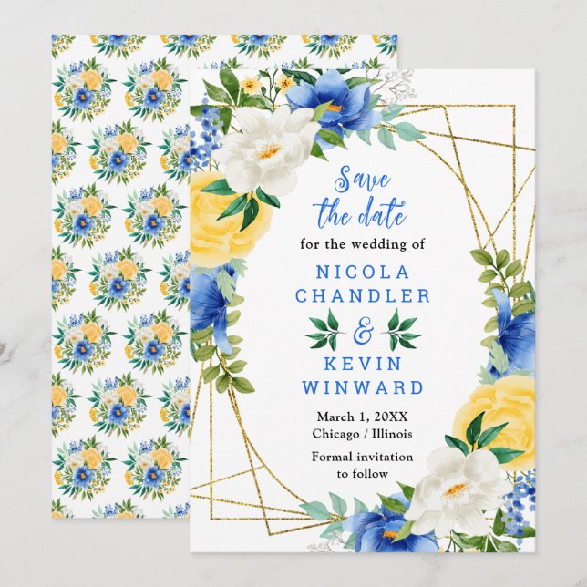 Blue and Yellow Flowers Wedding Save The Date (Front/Back)