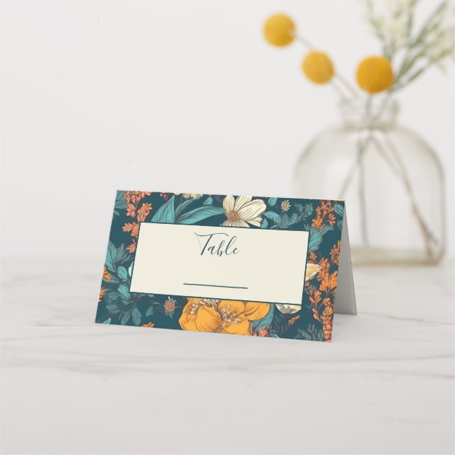 Blue and yellow flowers wedding table number place card (Front)
