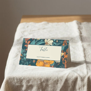 Blue and yellow flowers wedding table number place card