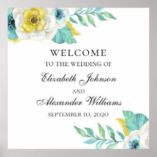 Blue and yellow flowers welcome sign. Wedding Poster