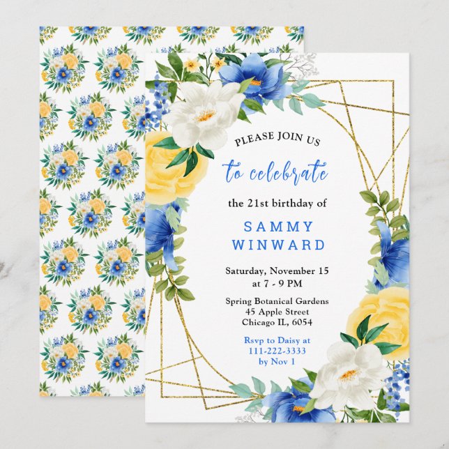 Blue and Yellow Flowers with Foliage Birthday Invitation (Front/Back)