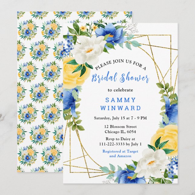 Blue and Yellow Flowers with Foliage Bridal Shower Invitation (Front/Back)