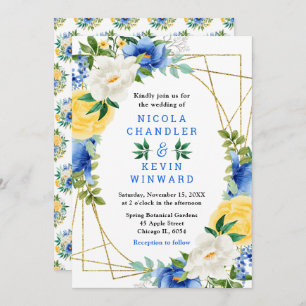 Blue and Yellow Flowers with Foliage Wedding Invitation