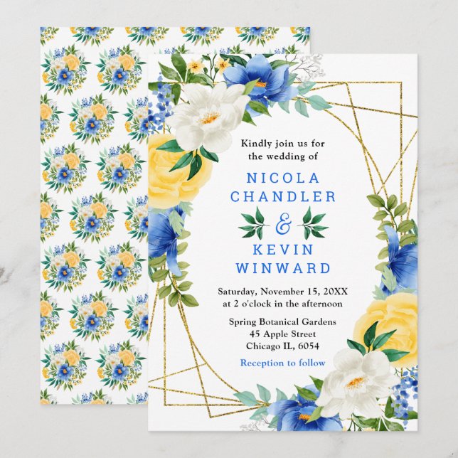 Blue and Yellow Flowers with Foliage Wedding Invitation (Front/Back)