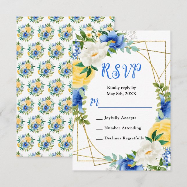 Blue and Yellow Flowers with Foliage Wedding RSVP Card (Front/Back)