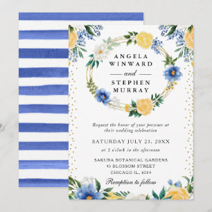 Blue and Yellow Flowers Wreath Wedding Invitation