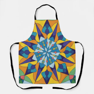 Blue and yellow fractal geometric pattern apron