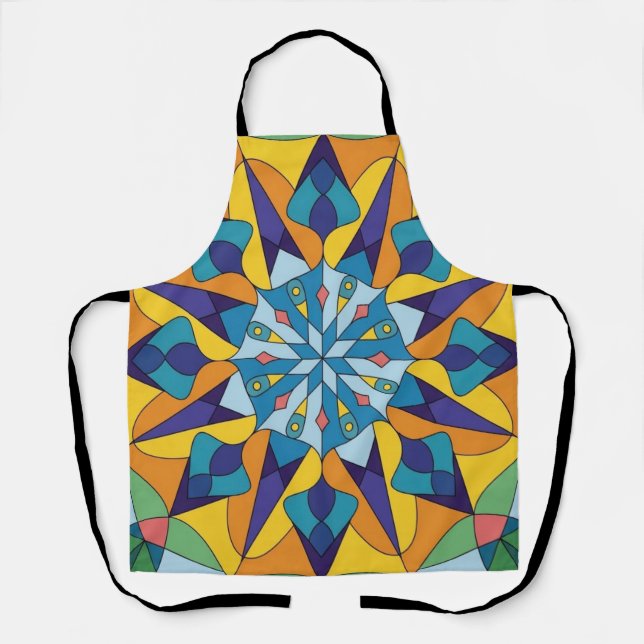 Blue and yellow fractal geometric pattern apron (Front)