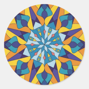 Blue and yellow fractal geometric pattern classic round sticker
