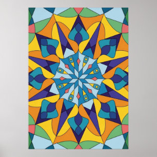 Blue and yellow fractal geometric pattern poster