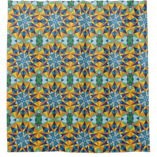 Blue and yellow fractal geometric pattern shower curtain