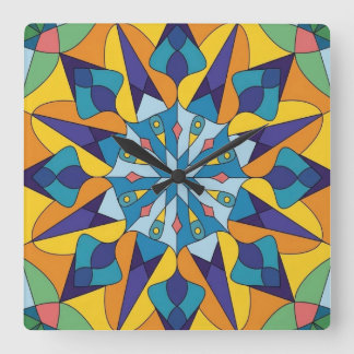 Blue and yellow fractal geometric pattern square wall clock