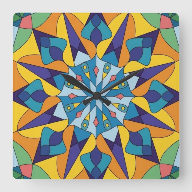 Blue and yellow fractal geometric pattern square wall clock (Front)