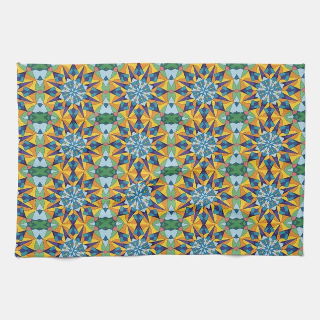 Blue and yellow fractal geometric pattern tea towel (Horizontal)