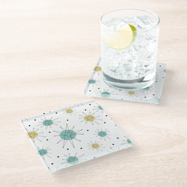 Blue and Yellow Franciscan Starburst Mid Century Glass Coaster (Angled)