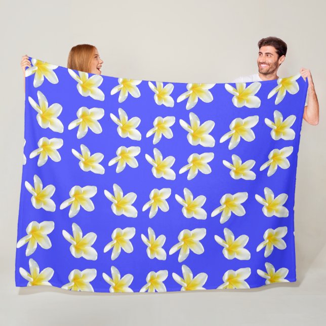 Blue And Yellow Frangipani Pattern, Fleece Blanket (In Situ)