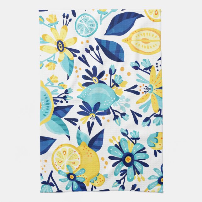 Blue And Yellow Fruit And Flowers Tea Towel (Vertical)