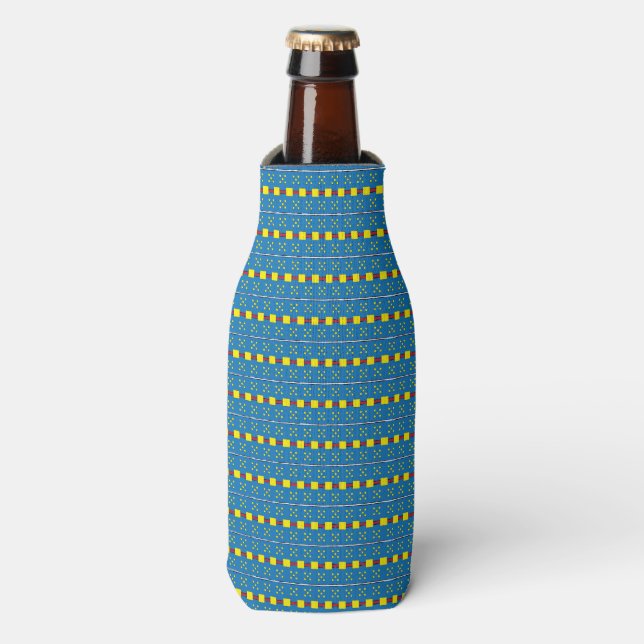 Blue and Yellow Geometric Ethnic Folk art pattern Bottle Cooler (Bottle Front)