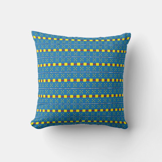 Blue and Yellow Geometric Ethnic Folk art pattern Cushion (Front)