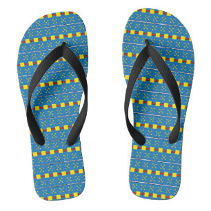 Blue and Yellow Geometric Ethnic Folk art pattern Flip Flops