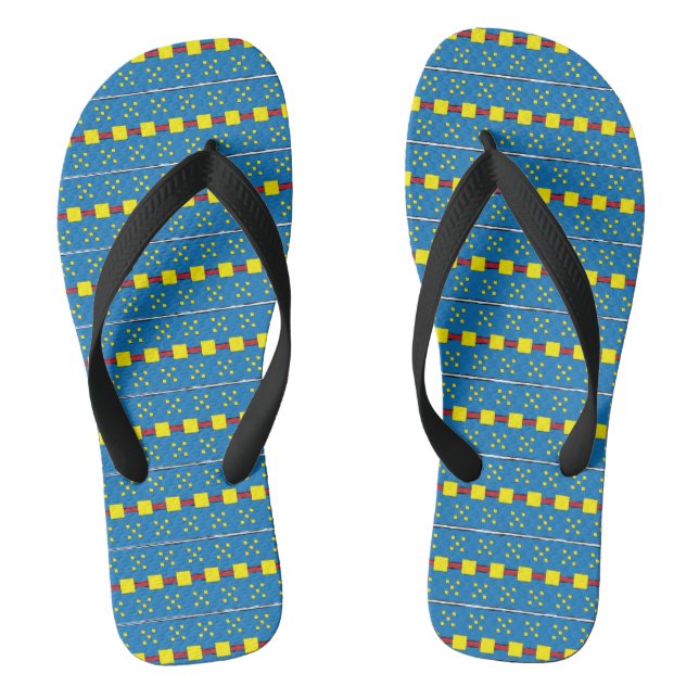 Blue and Yellow Geometric Ethnic Folk art pattern Flip Flops (Footbed)