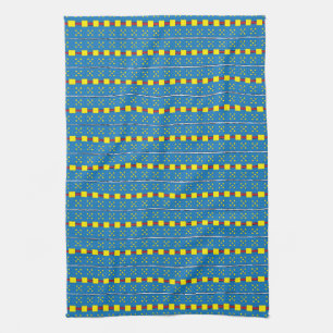 Blue and Yellow Geometric Ethnic Folk art pattern Tea Towel